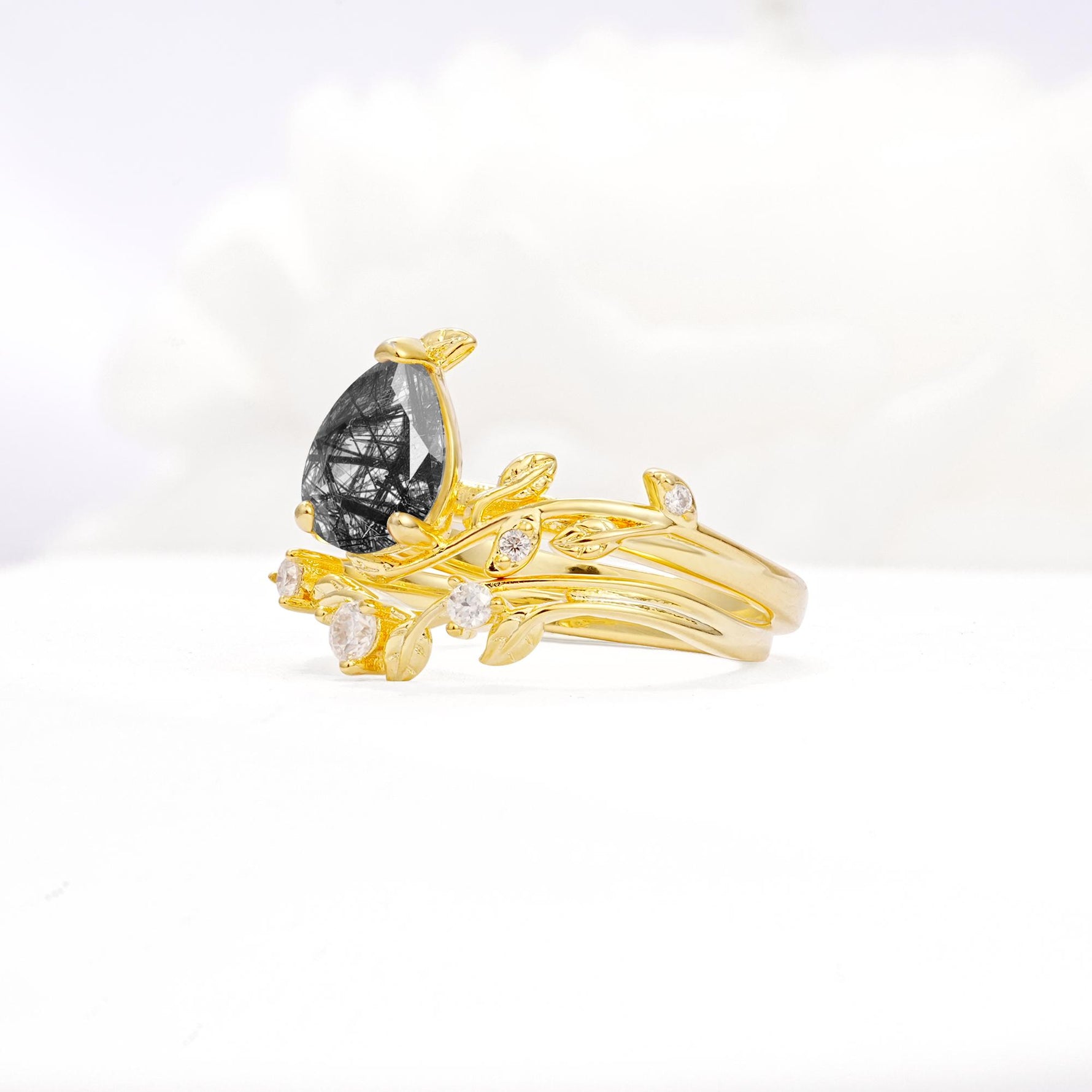 Nature-Inspired Pear Cut Black Rutilated Quartz Engagement Ring Set with Twisted Vine Accents - White-Gold