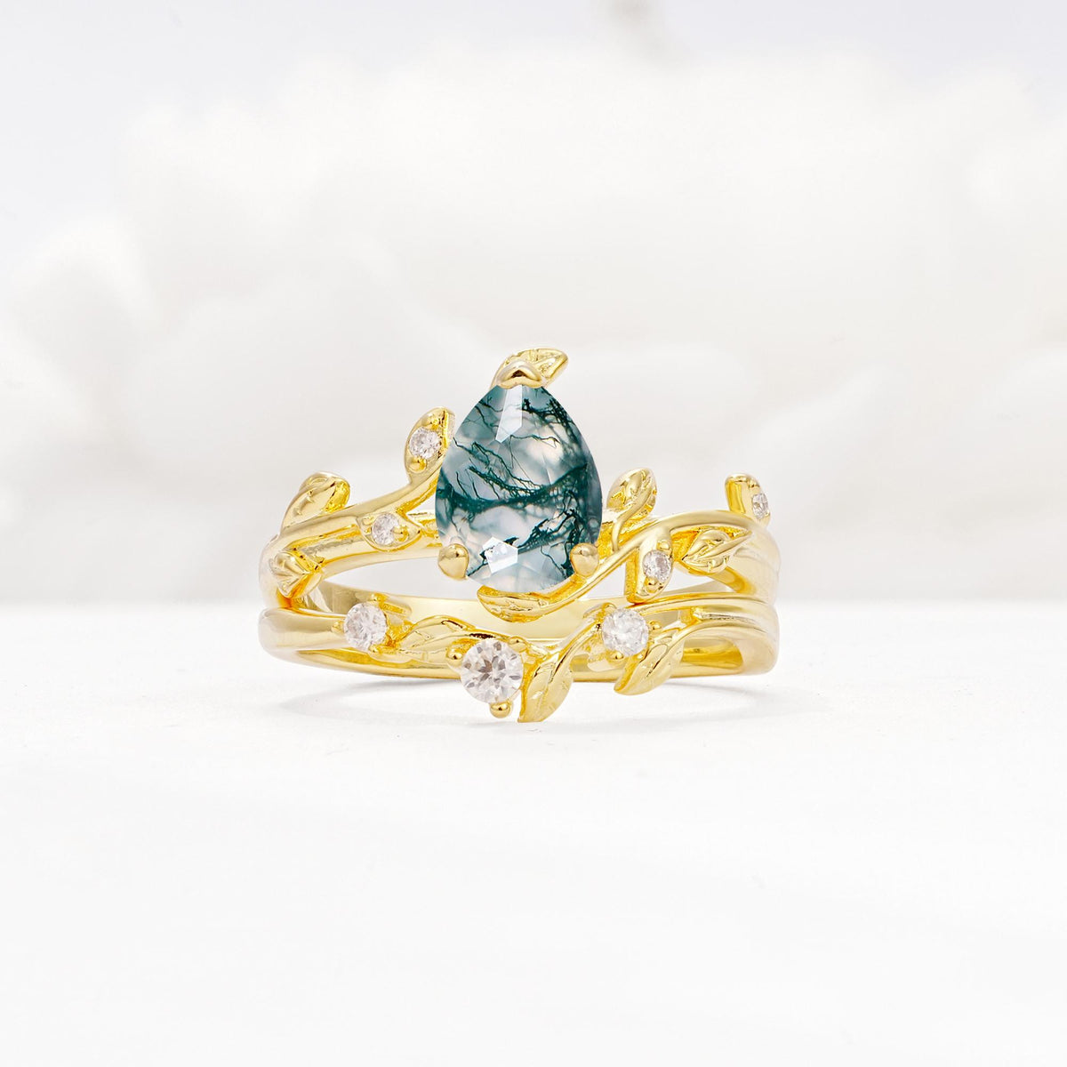 Nature-Inspired Pear Cut Moss Agate Engagement Ring Set with Twisted Vine Accents - Yellow-Gold