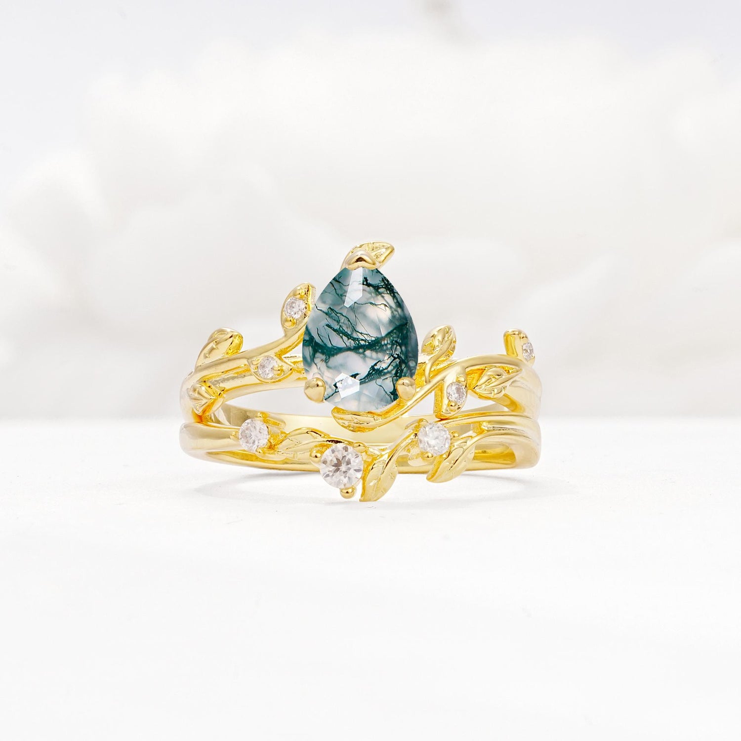 Nature-Inspired Pear Cut Moss Agate Engagement Ring Set with Twisted Vine Accents - Yellow-Gold