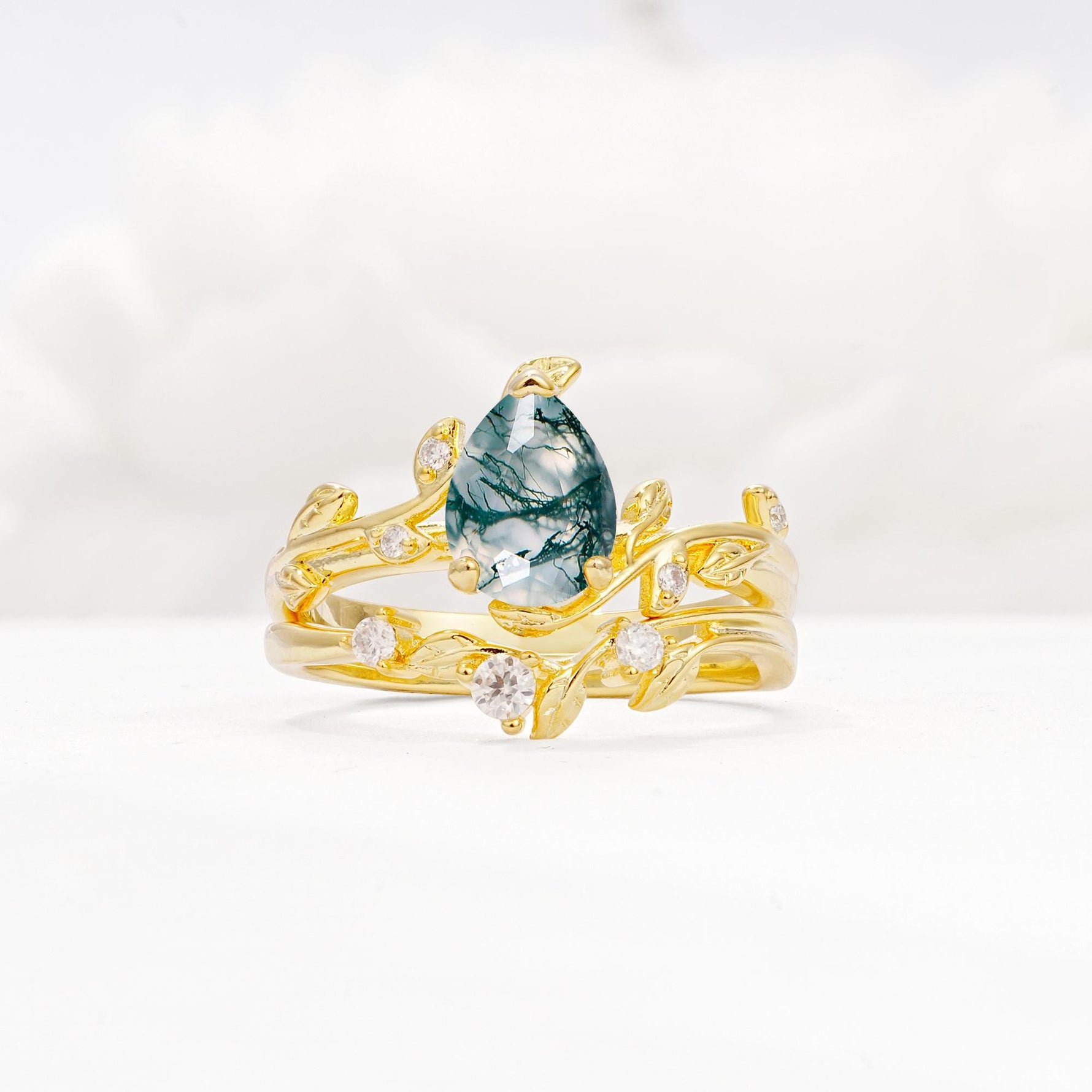 Nature-Inspired Pear Cut Moss Agate Engagement Ring Set with Twisted Vine Accents - Yellow-Gold
