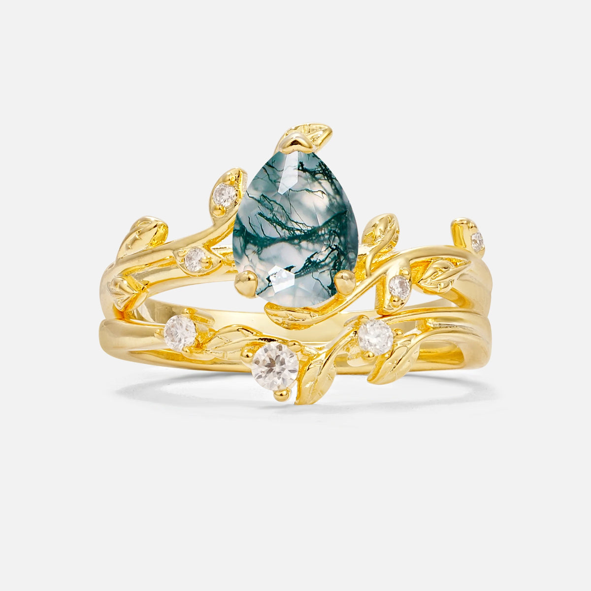 Nature-Inspired Pear Cut Moss Agate Engagement Ring Set with Twisted Vine Accents