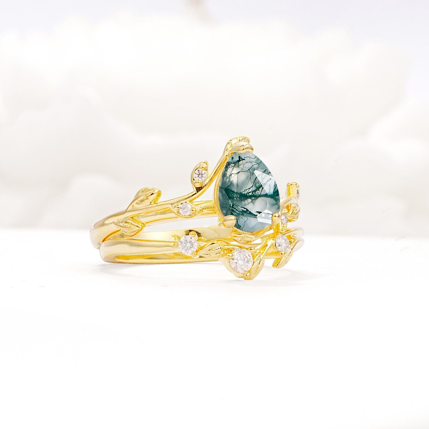 Nature-Inspired Pear Cut Moss Agate Engagement Ring Set with Twisted Vine Accents - Rose-Gold