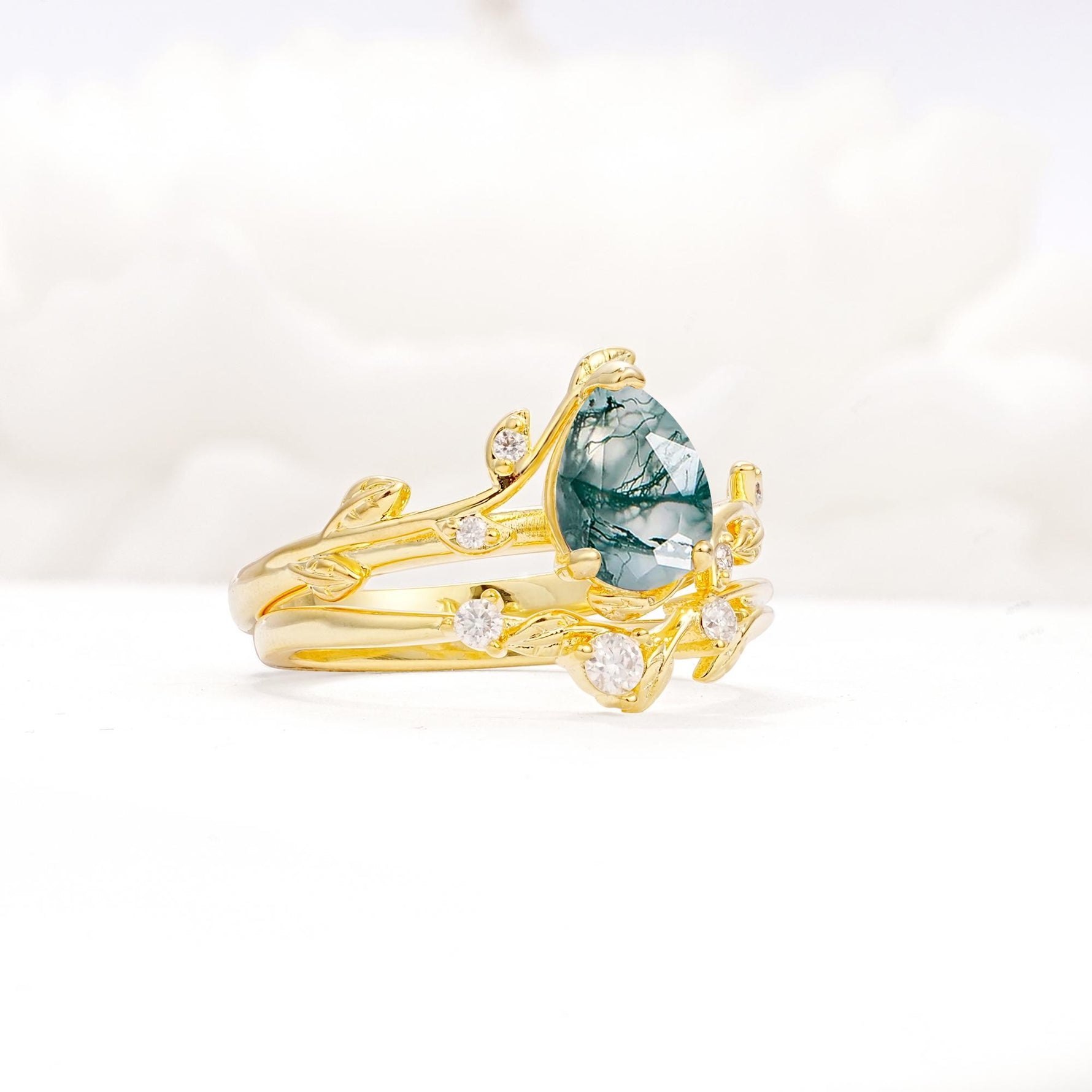 Nature-Inspired Pear Cut Moss Agate Engagement Ring Set with Twisted Vine Accents - Rose-Gold