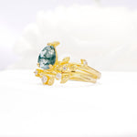 Nature-Inspired Pear Cut Moss Agate Engagement Ring Set with Twisted Vine Accents - White-Gold