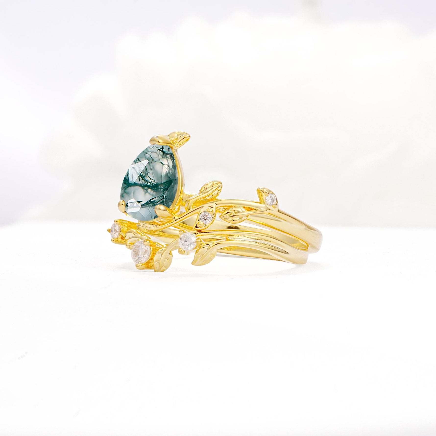 Nature-Inspired Pear Cut Moss Agate Engagement Ring Set with Twisted Vine Accents - White-Gold