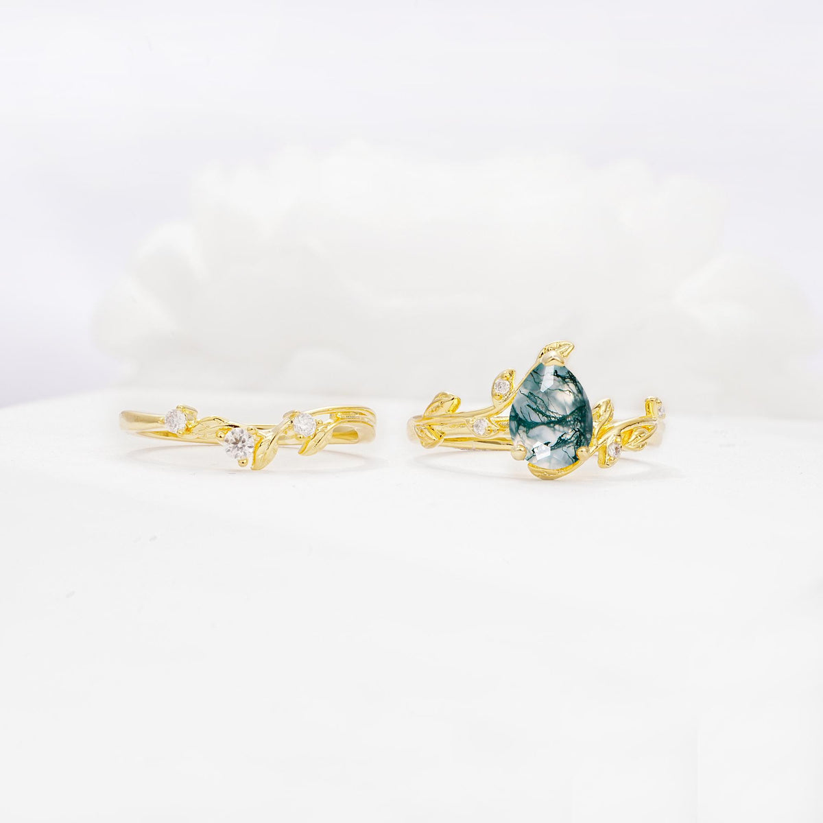 Nature-Inspired Pear Cut Moss Agate Engagement Ring Set with Twisted Vine Accents - Additional view