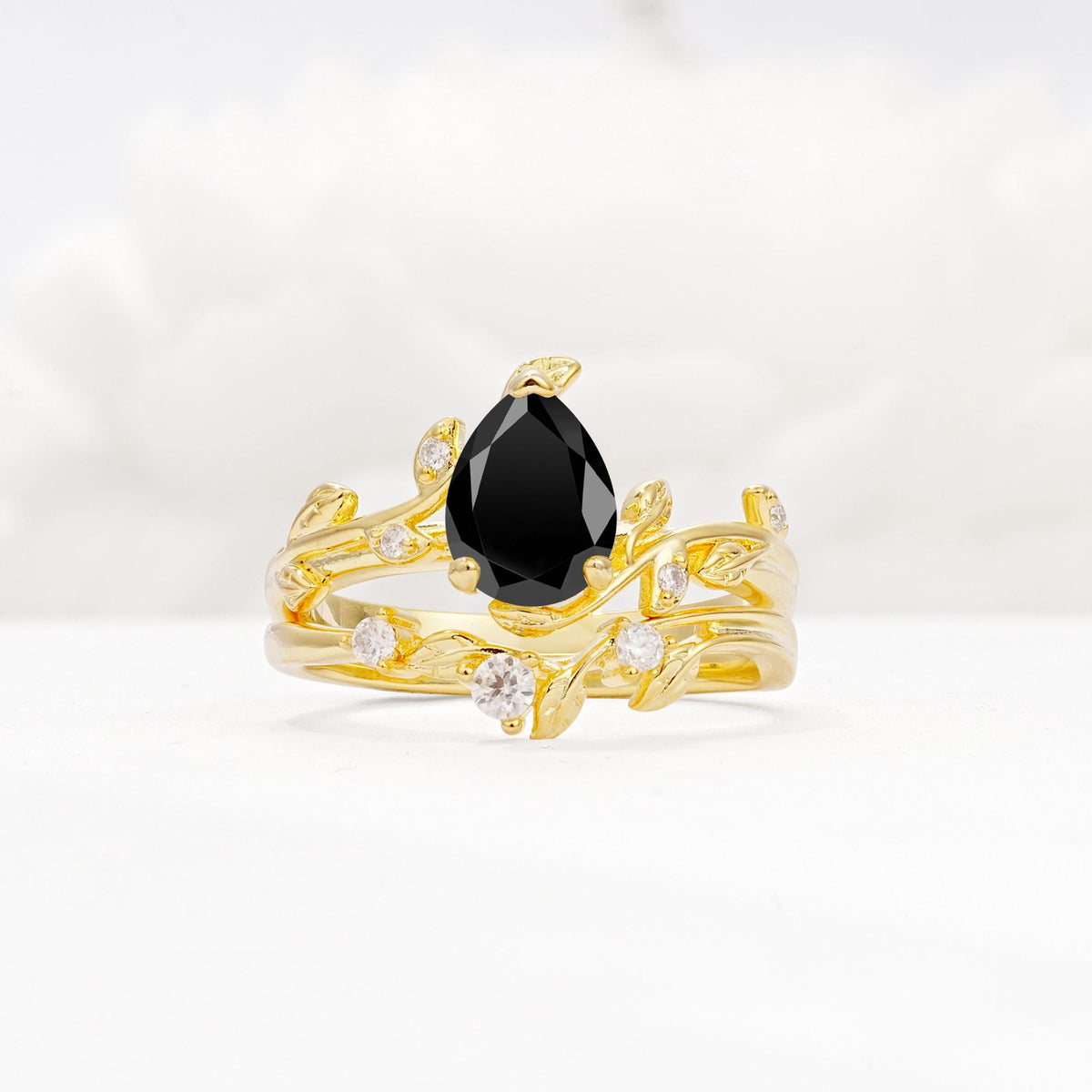 Nature-Inspired Pear Cut Black Onyx Engagement Ring Set with Twisted Vine Accents - Yellow-Gold