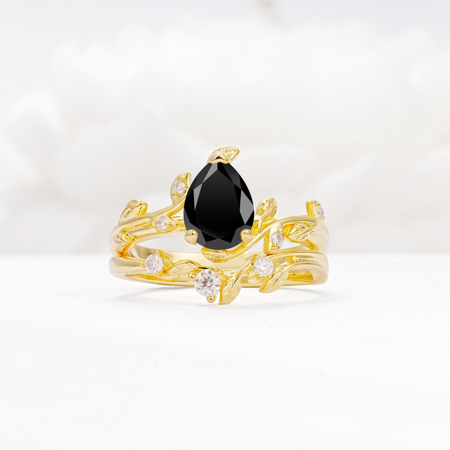 Nature-Inspired Pear Cut Black Onyx Engagement Ring Set with Twisted Vine Accents - Yellow-Gold