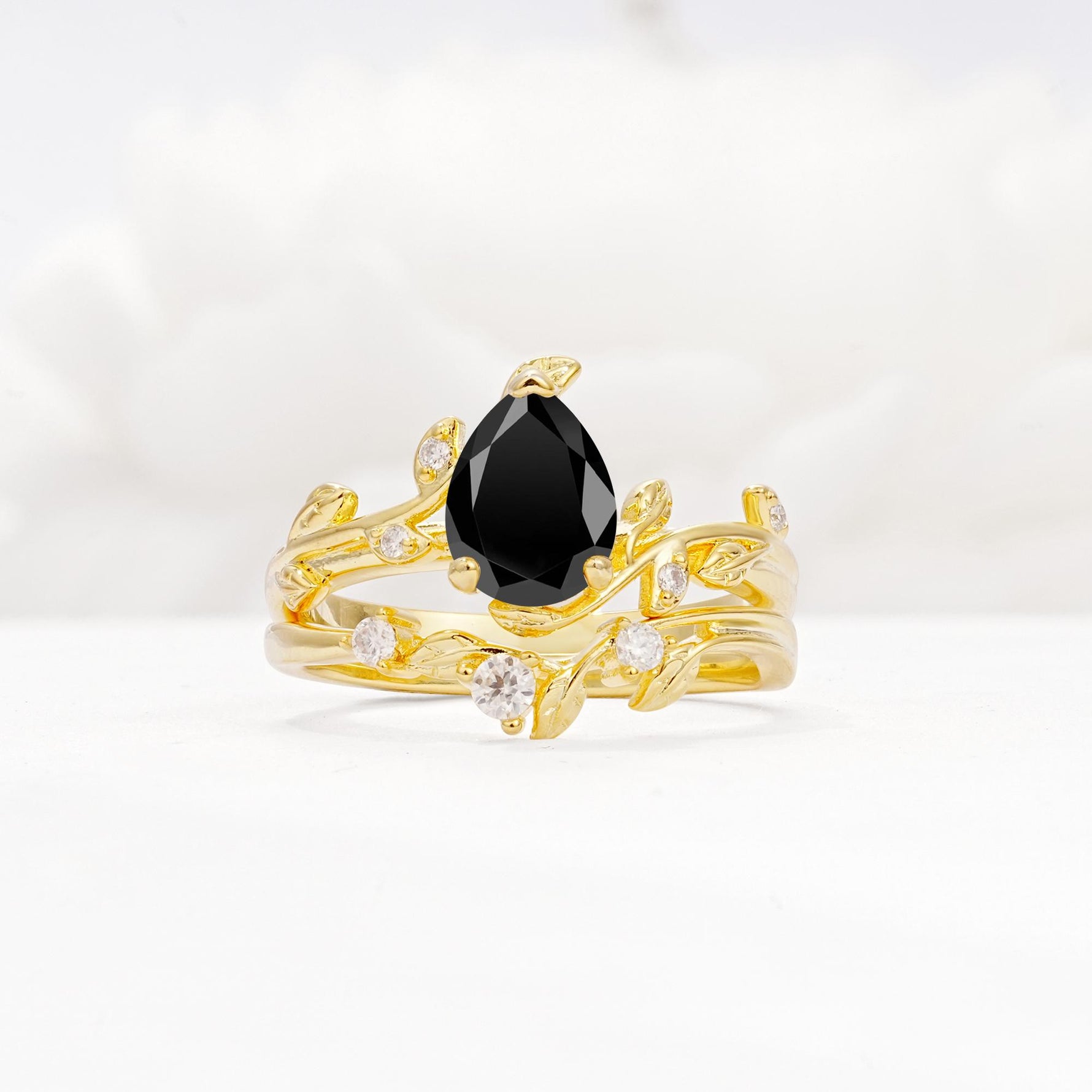 Nature-Inspired Pear Cut Black Onyx Engagement Ring Set with Twisted Vine Accents - Yellow-Gold