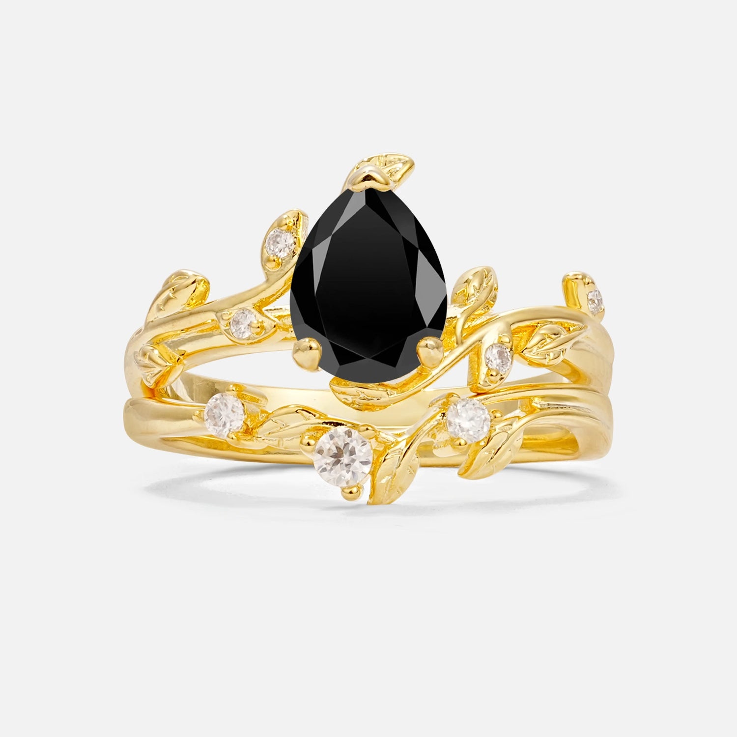 Nature-Inspired Pear Cut Black Onyx Engagement Ring Set with Twisted Vine Accents