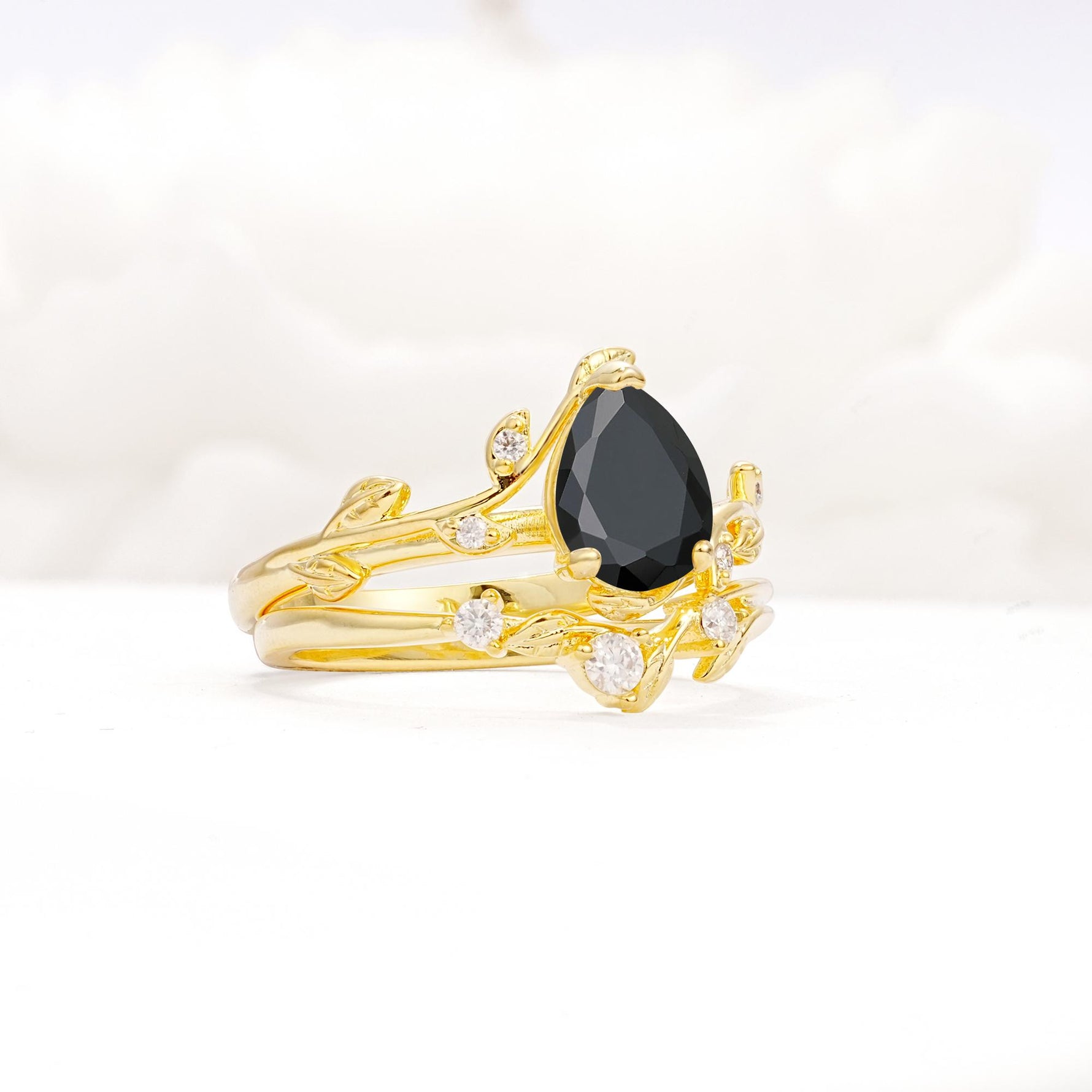 Nature-Inspired Pear Cut Black Onyx Engagement Ring Set with Twisted Vine Accents - Rose-Gold