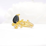Nature-Inspired Pear Cut Black Onyx Engagement Ring Set with Twisted Vine Accents - White-Gold