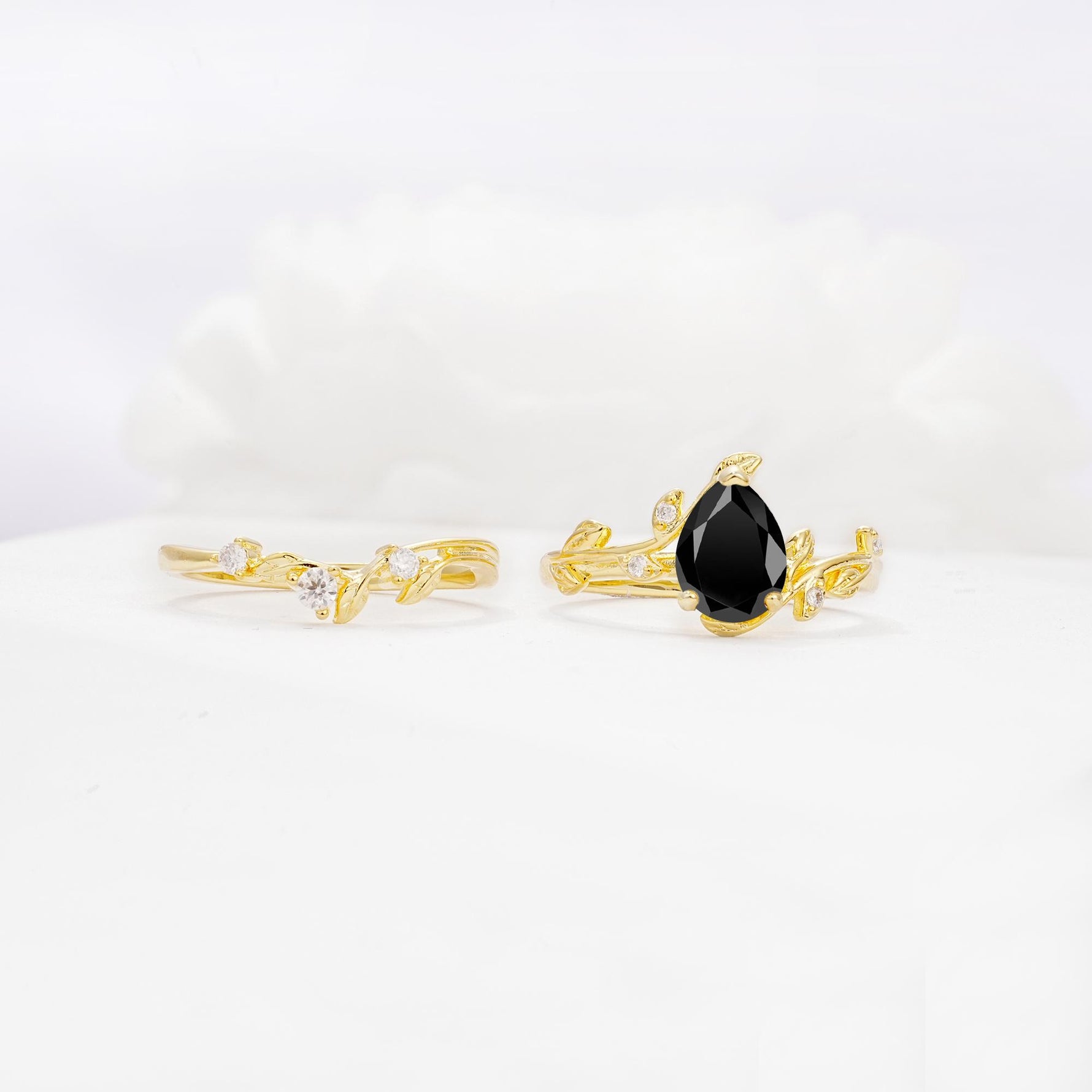 Nature-Inspired Pear Cut Black Onyx Engagement Ring Set with Twisted Vine Accents - Additional view