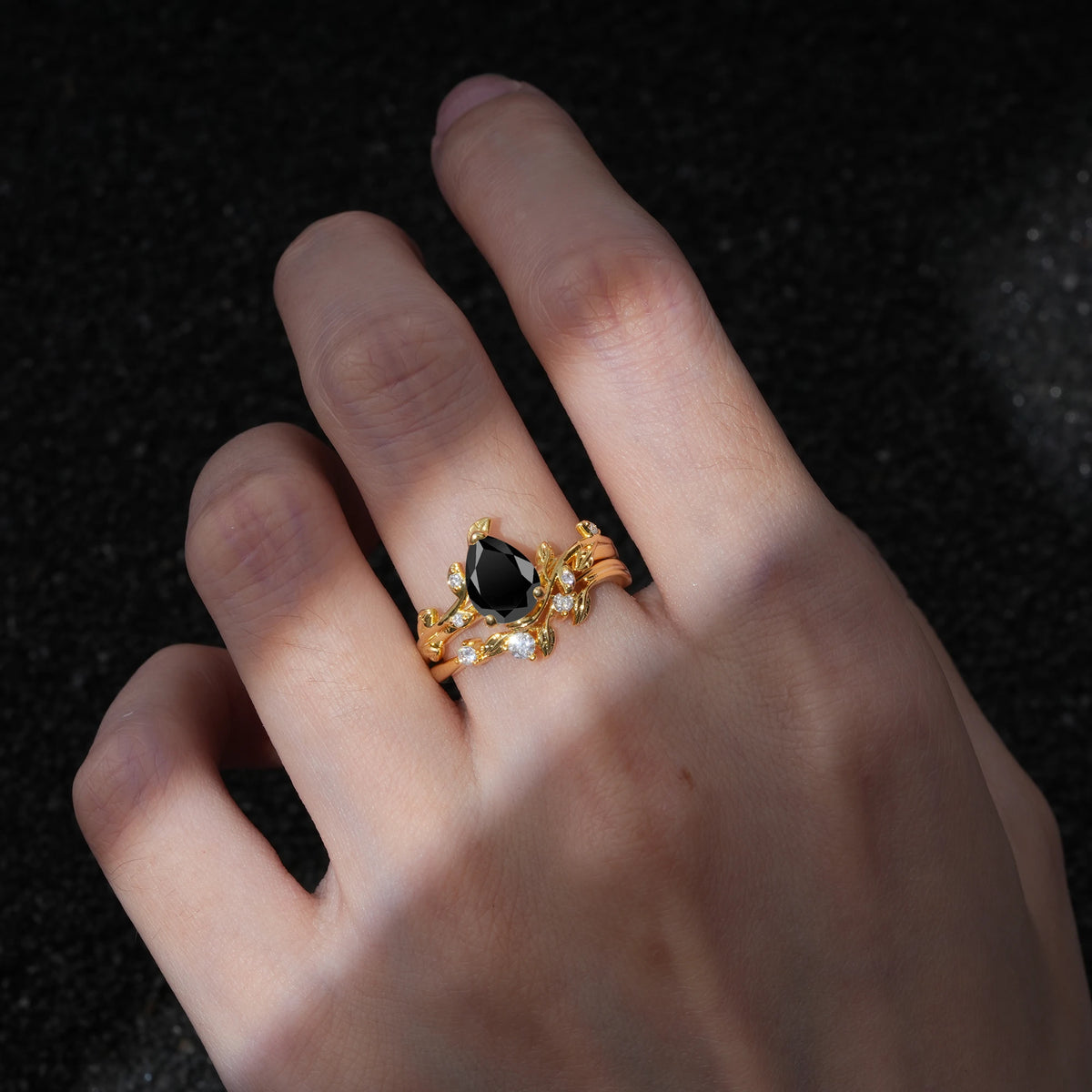 Nature-Inspired Pear Cut Black Onyx Engagement Ring Set with Twisted Vine Accents