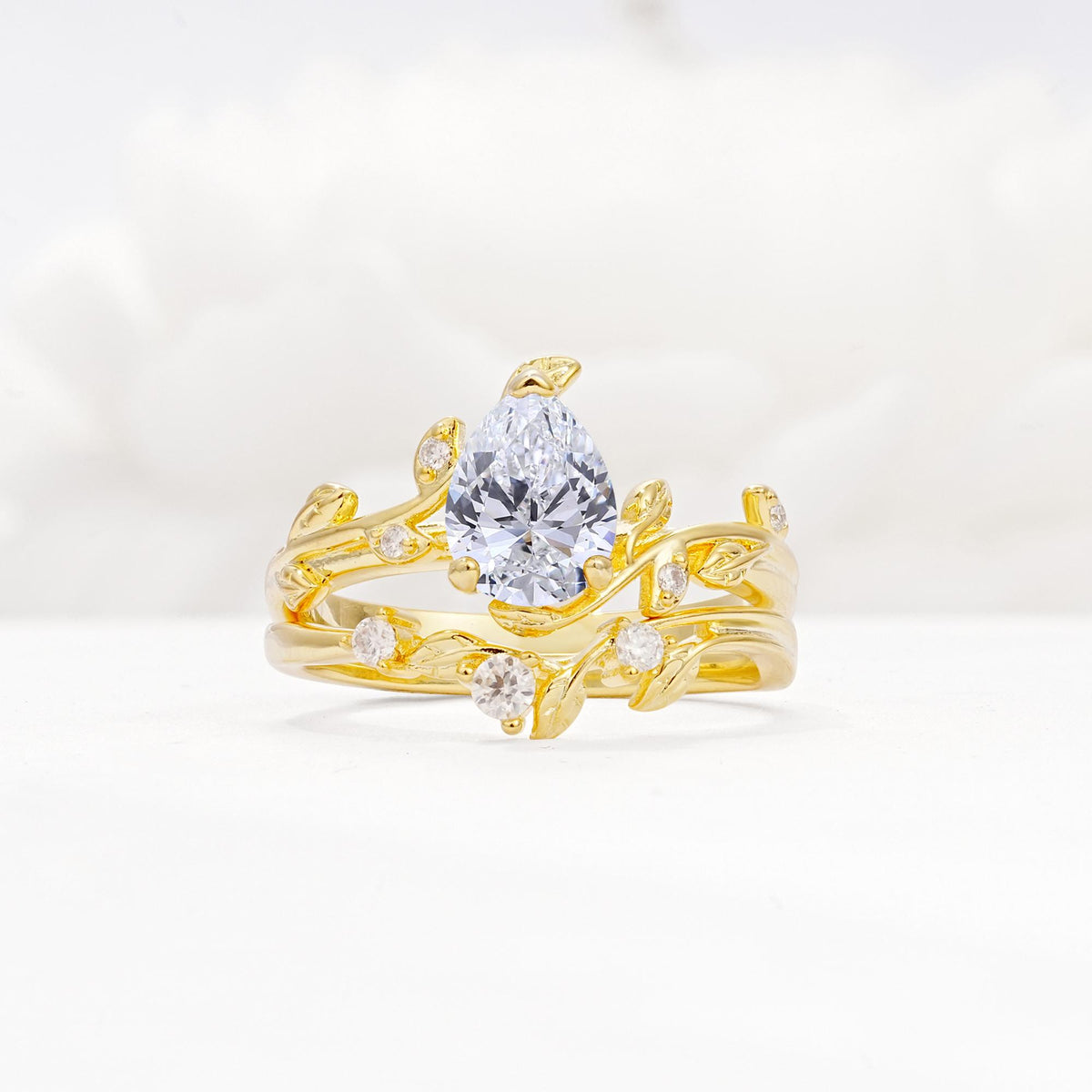 Nature-Inspired Pear Cut Lab Diamond Engagement Ring Set with Twisted Vine Accents - Yellow-Gold