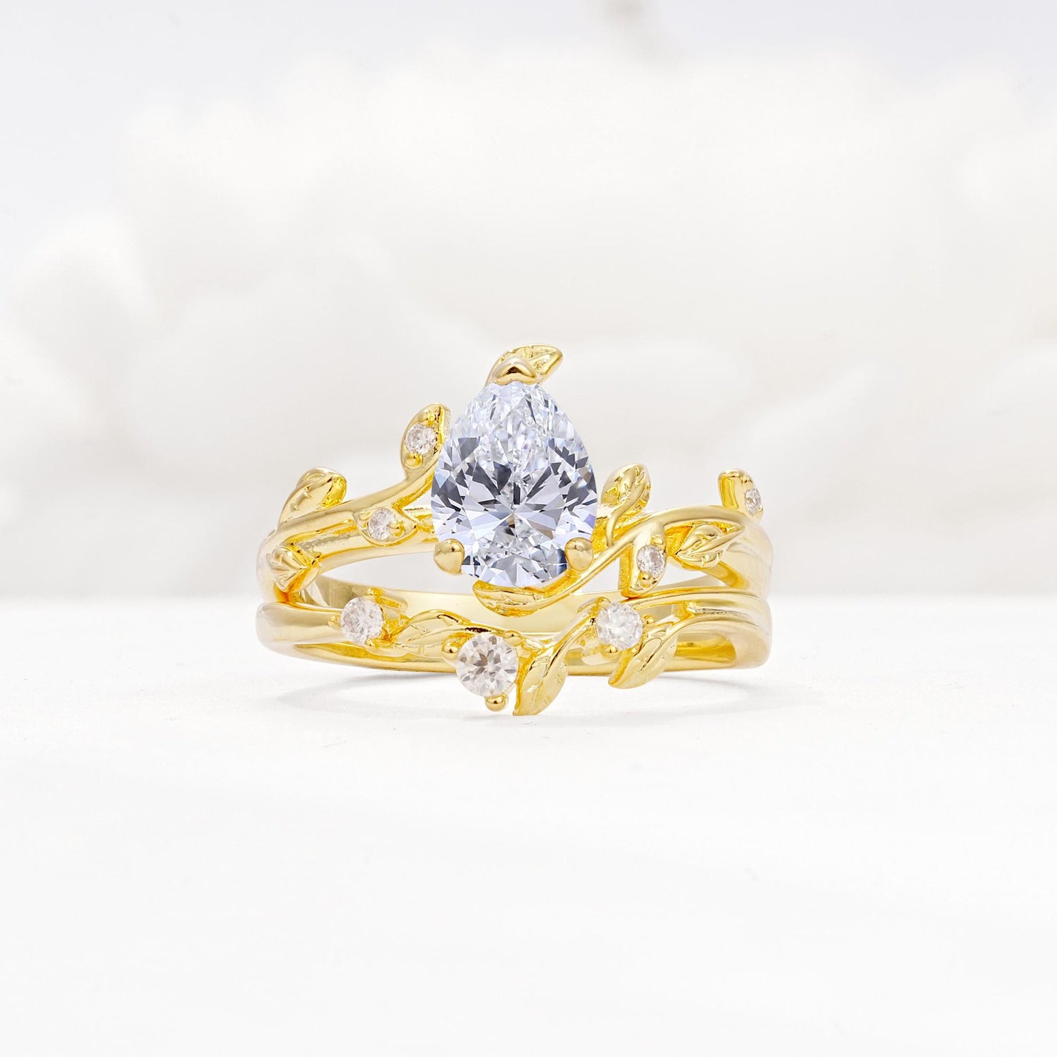 Nature-Inspired Pear Cut Lab Diamond Engagement Ring Set with Twisted Vine Accents - Yellow-Gold