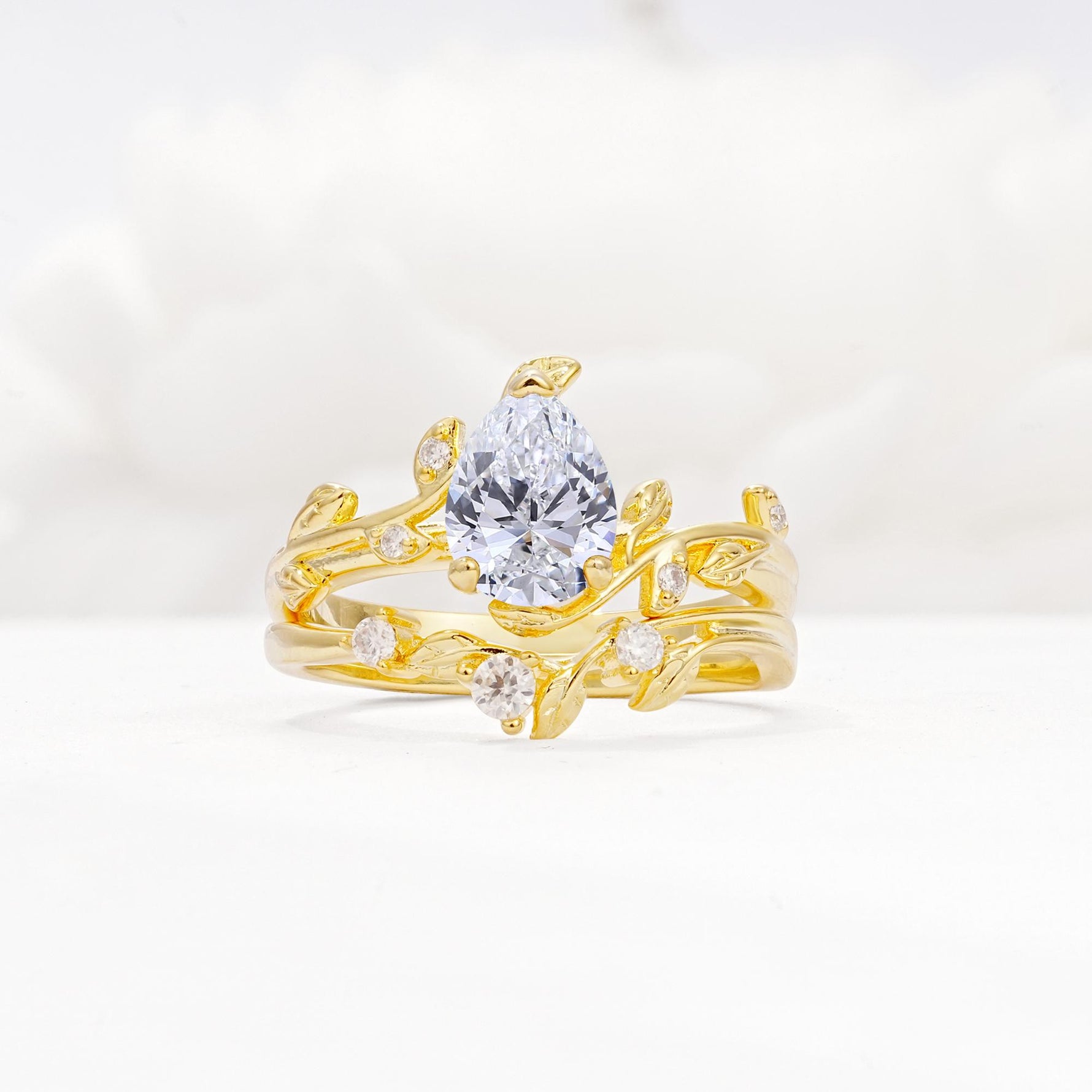 Nature-Inspired Pear Cut Lab Diamond Engagement Ring Set with Twisted Vine Accents - Yellow-Gold