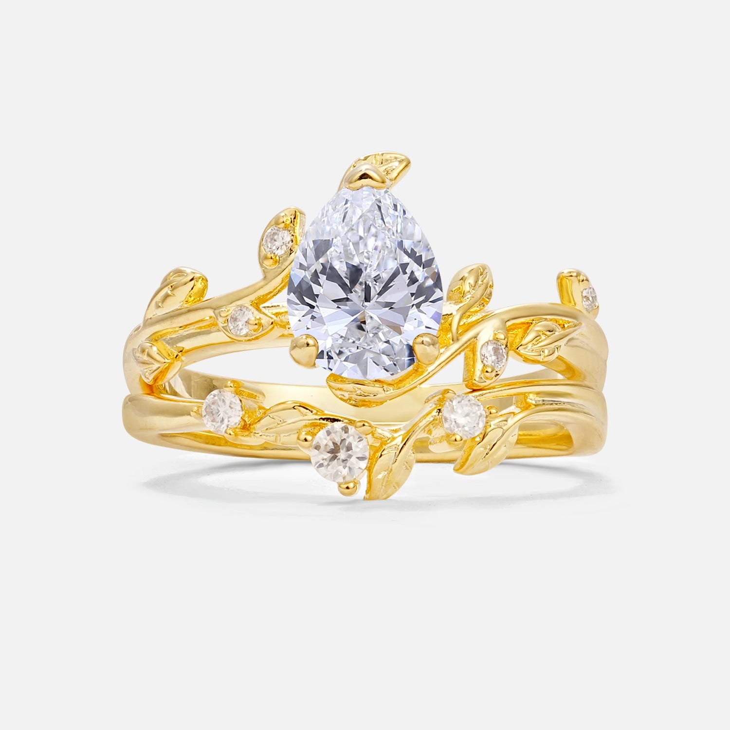 Nature-Inspired Pear Cut Lab Diamond Engagement Ring Set with Twisted Vine Accents