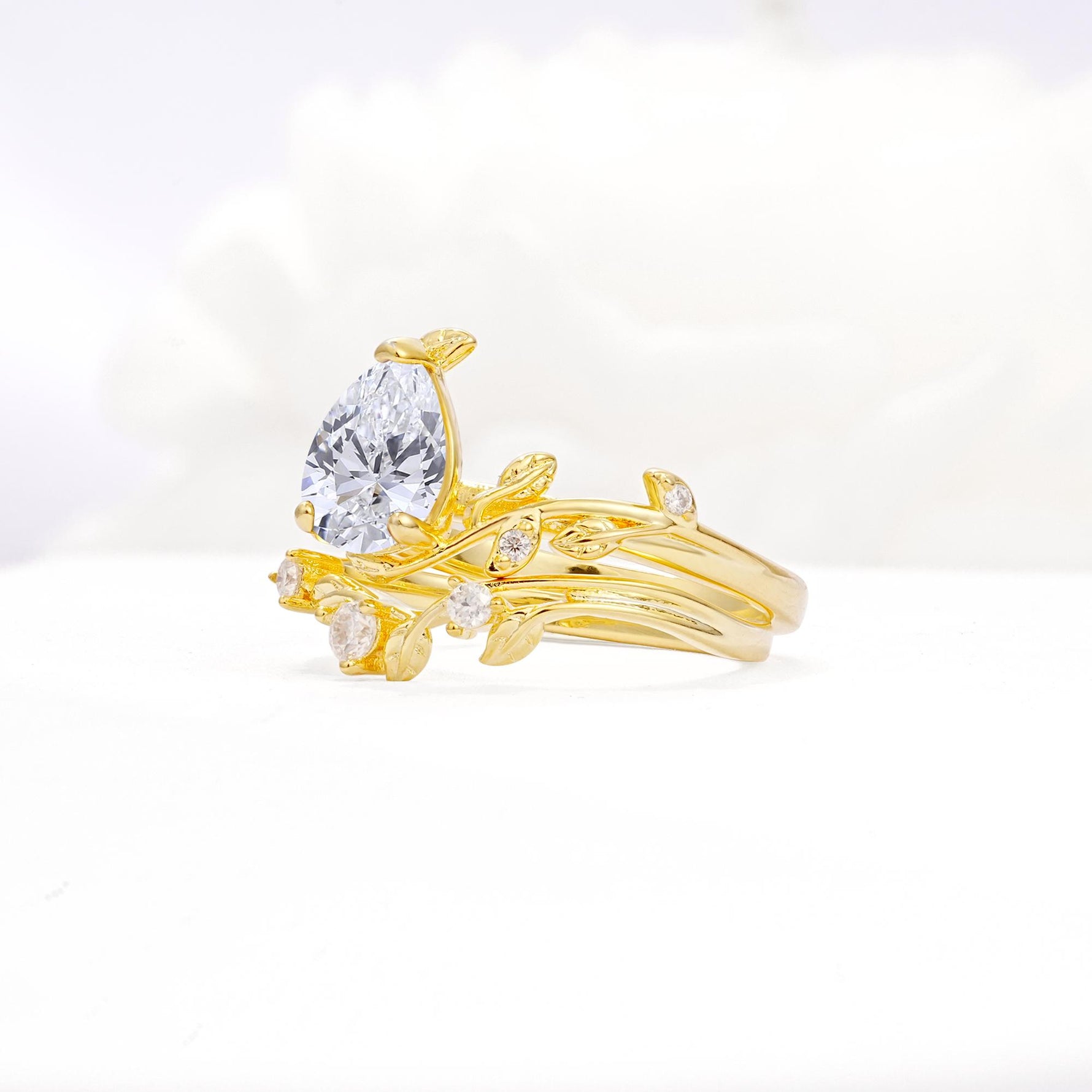Nature-Inspired Pear Cut Lab Diamond Engagement Ring Set with Twisted Vine Accents - White-Gold