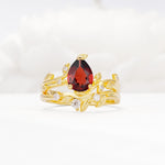 Nature-Inspired Pear Cut Garnet Engagement Ring Set with Twisted Vine Accents - Yellow-Gold
