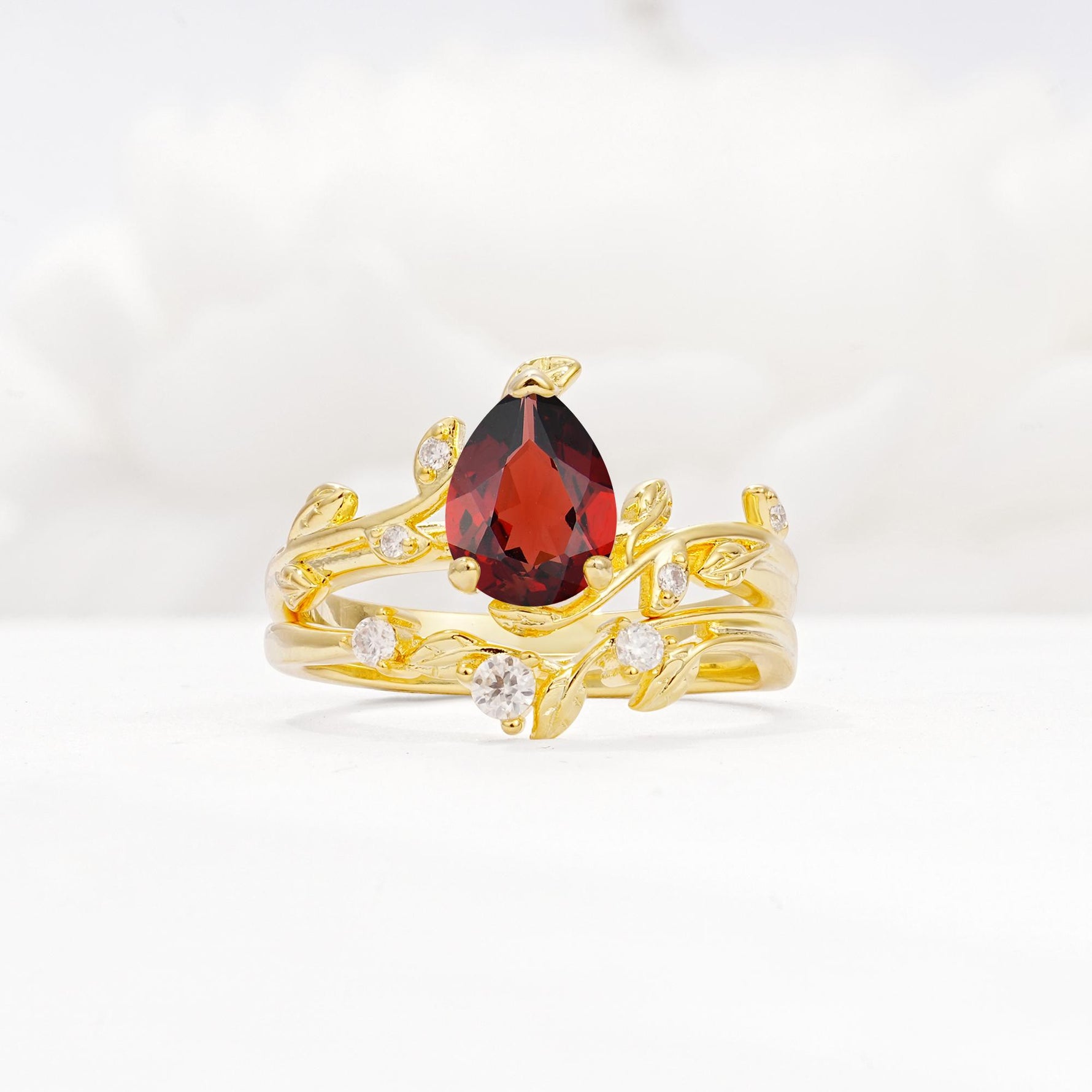 Nature-Inspired Pear Cut Garnet Engagement Ring Set with Twisted Vine Accents - Yellow-Gold