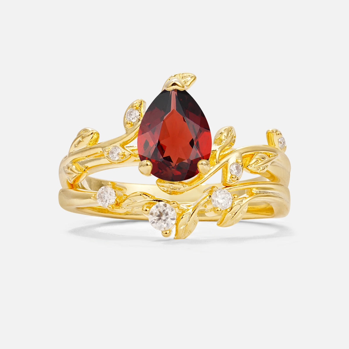 Nature-Inspired Pear Cut Garnet Engagement Ring Set with Twisted Vine Accents