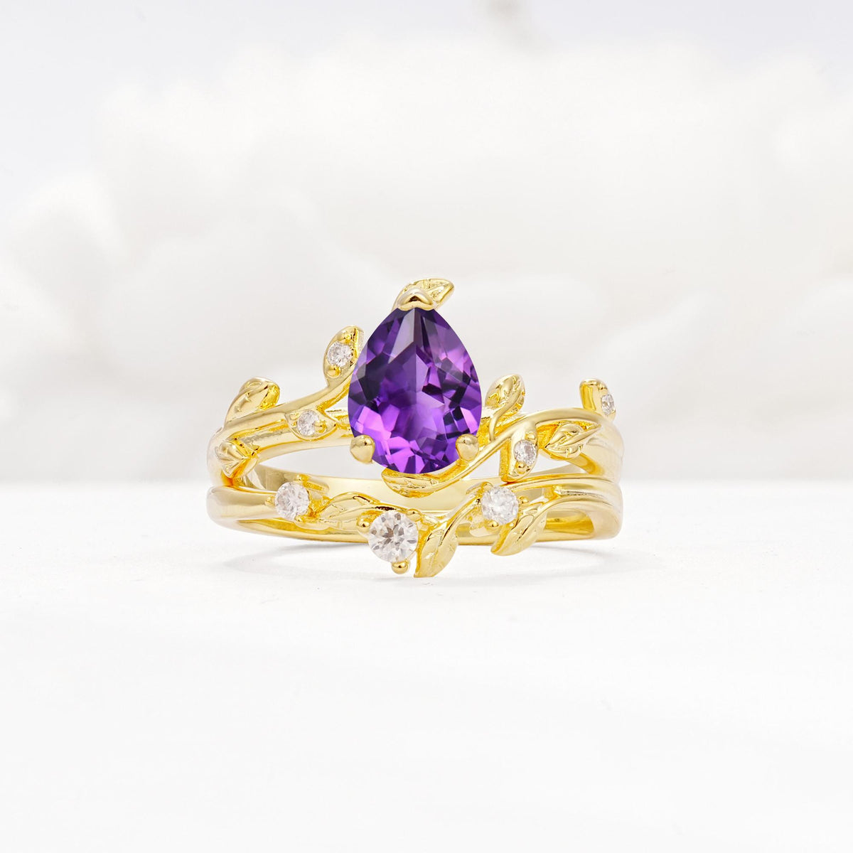 Nature-Inspired Pear Cut Amethyst Engagement Ring Set with Twisted Vine Accents - Yellow-Gold