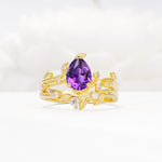 Nature-Inspired Pear Cut Amethyst Engagement Ring Set with Twisted Vine Accents - Yellow-Gold