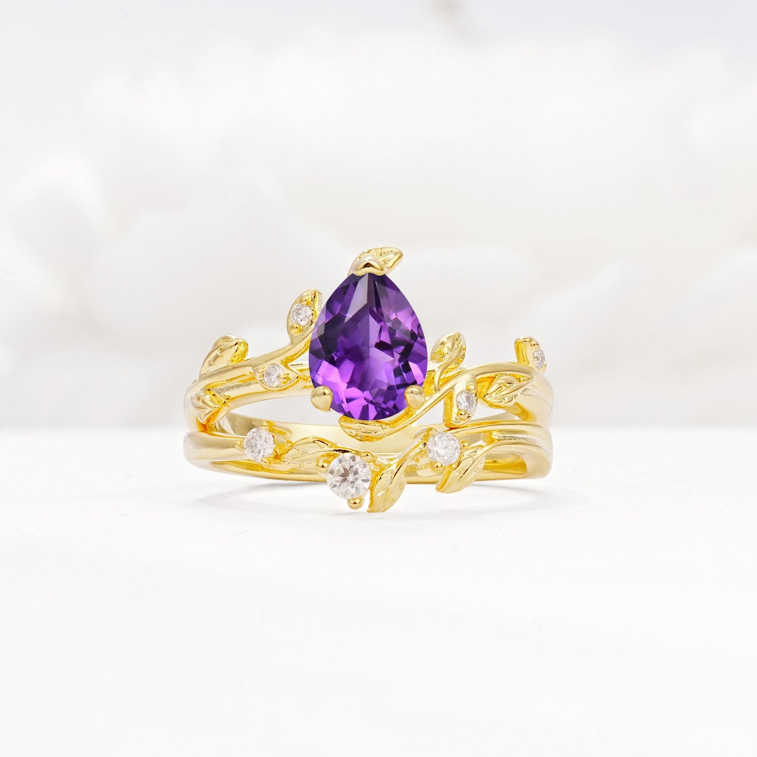 Nature-Inspired Pear Cut Amethyst Engagement Ring Set with Twisted Vine Accents - Yellow-Gold
