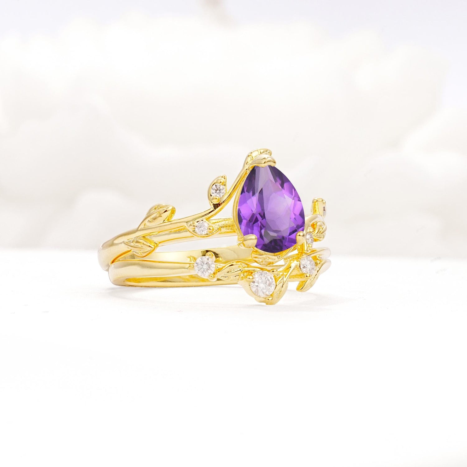 Nature-Inspired Pear Cut Amethyst Engagement Ring Set with Twisted Vine Accents - Rose-Gold