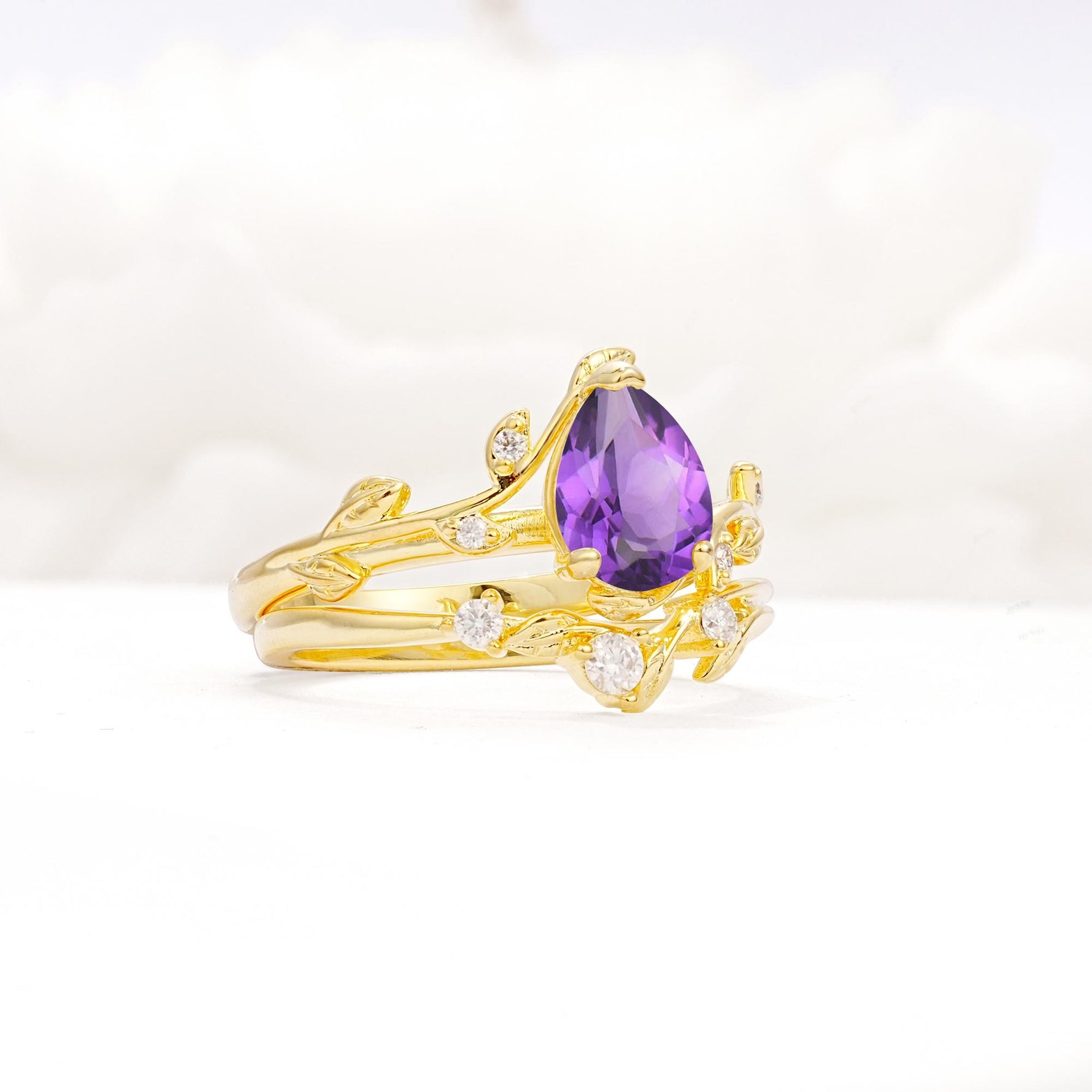 Nature-Inspired Pear Cut Amethyst Engagement Ring Set with Twisted Vine Accents - Rose-Gold