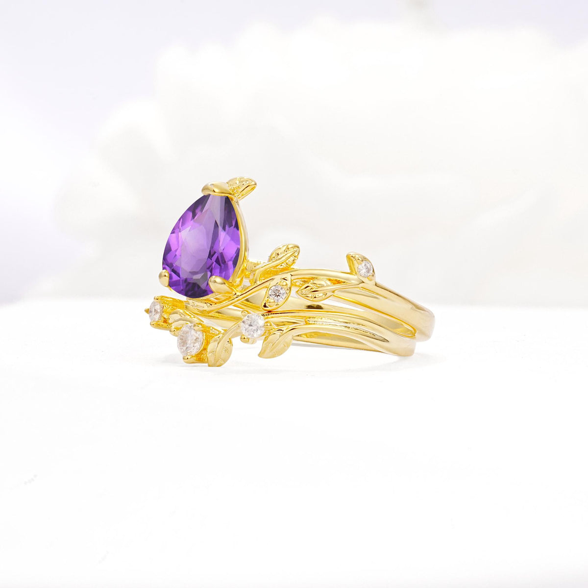 Nature-Inspired Pear Cut Amethyst Engagement Ring Set with Twisted Vine Accents - White-Gold