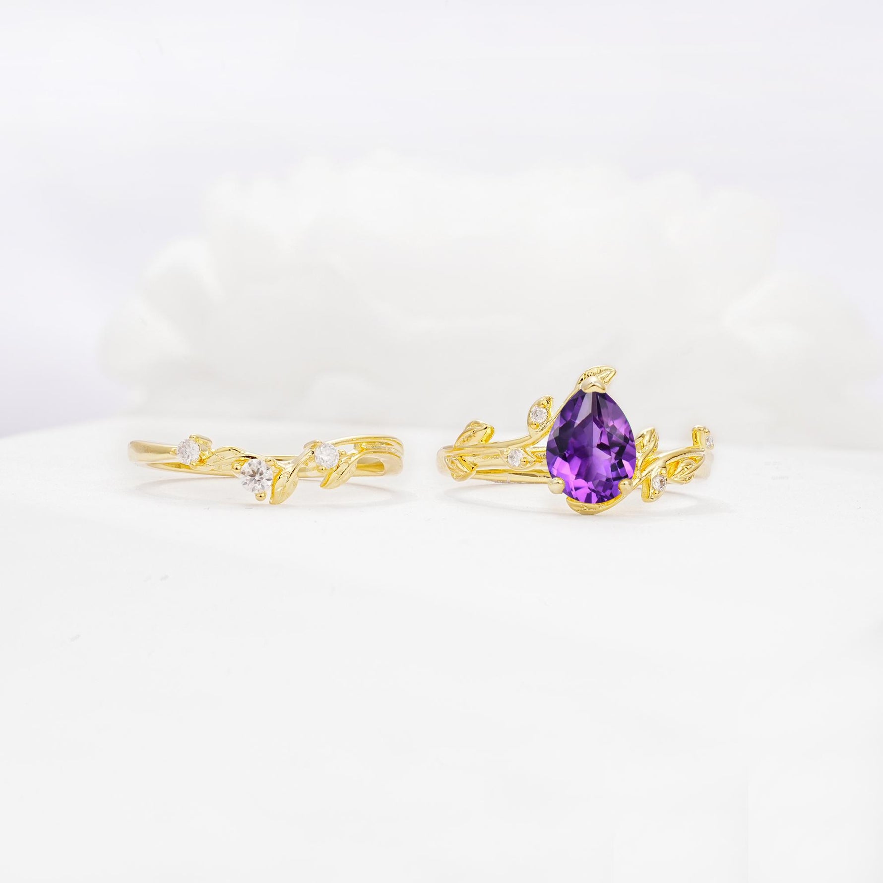 Nature-Inspired Pear Cut Amethyst Engagement Ring Set with Twisted Vine Accents - Additional view