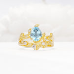 Nature-Inspired Pear Cut Aquamarine Engagement Ring Set with Twisted Vine Accents - Yellow-Gold