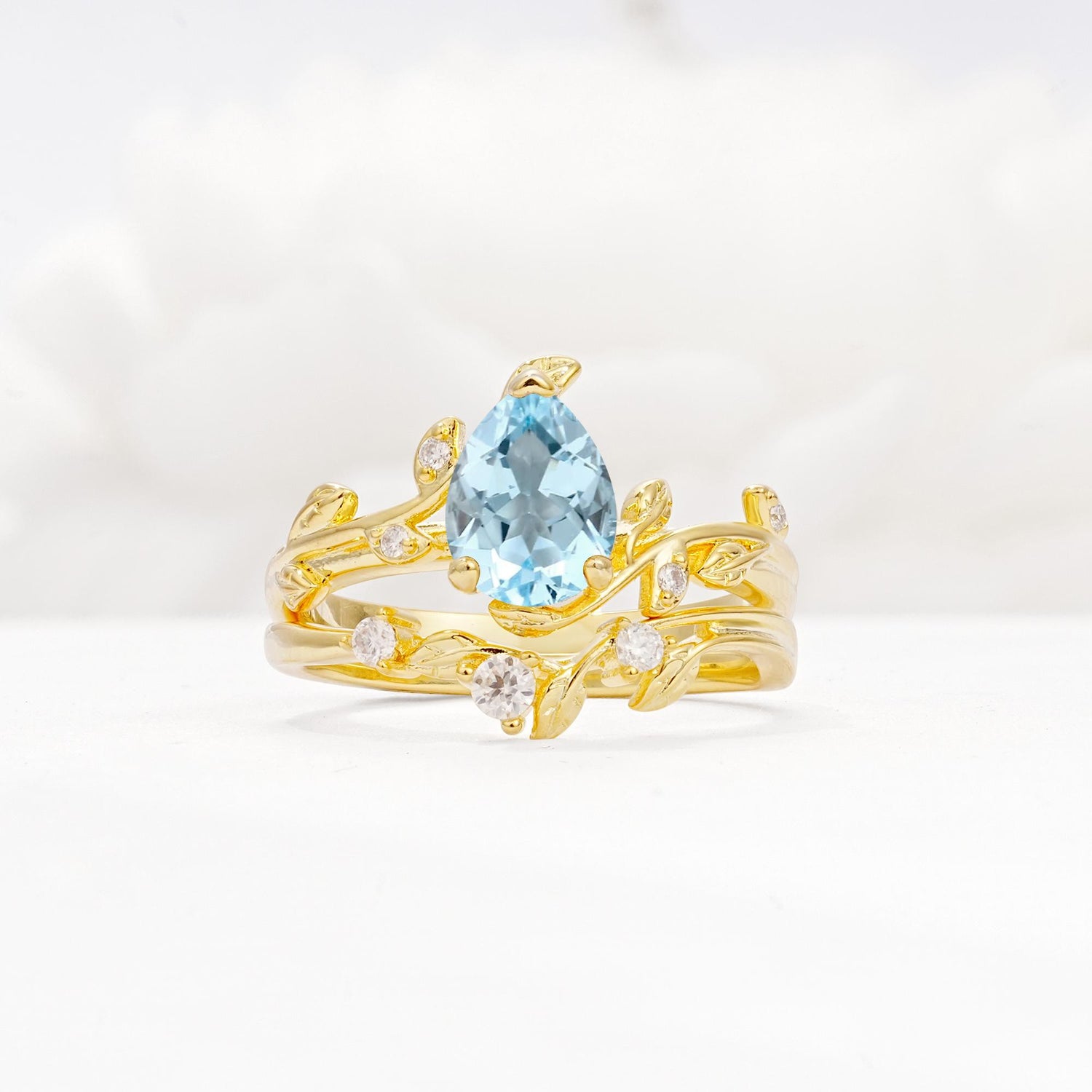 Nature-Inspired Pear Cut Aquamarine Engagement Ring Set with Twisted Vine Accents - Yellow-Gold