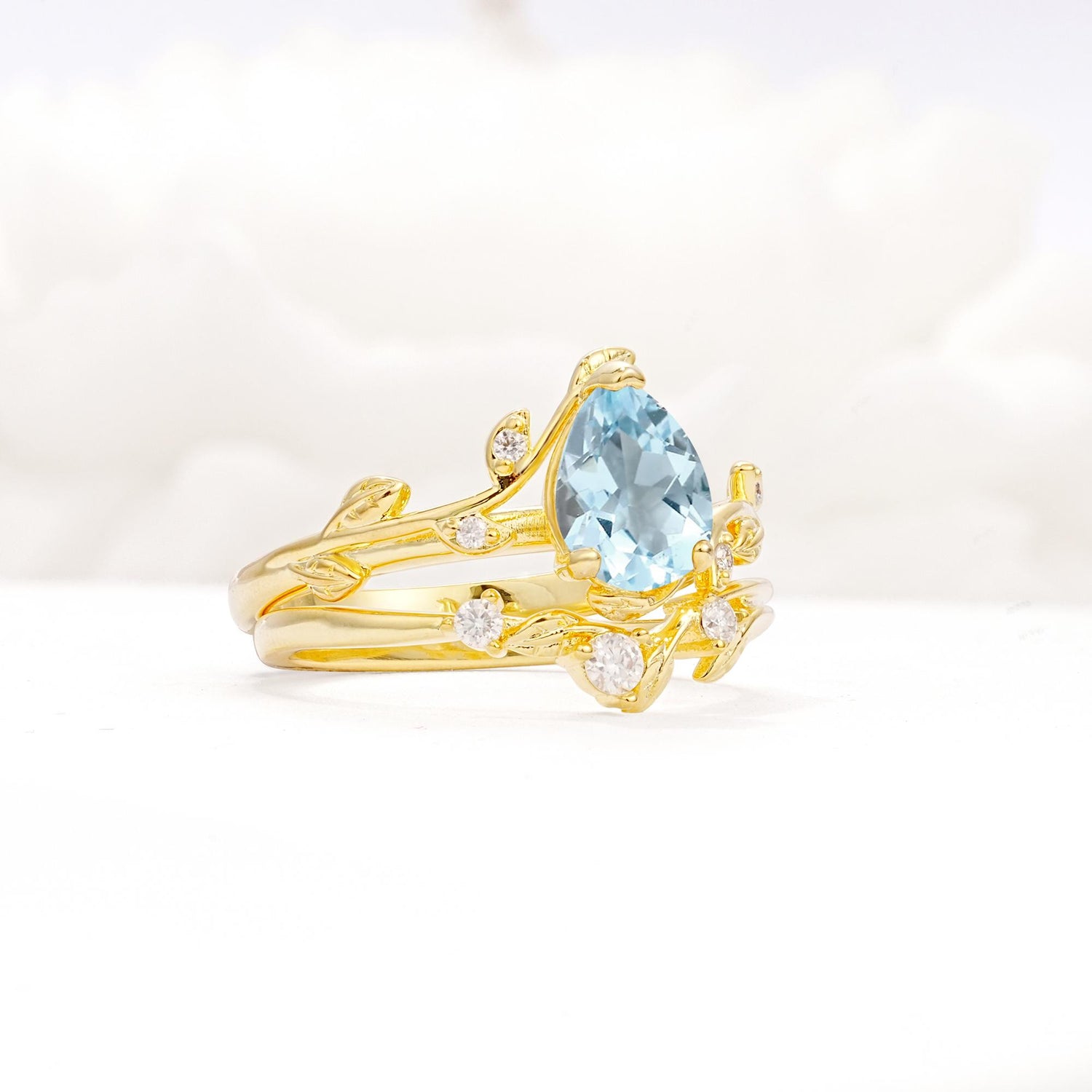 Nature-Inspired Pear Cut Aquamarine Engagement Ring Set with Twisted Vine Accents - Rose-Gold