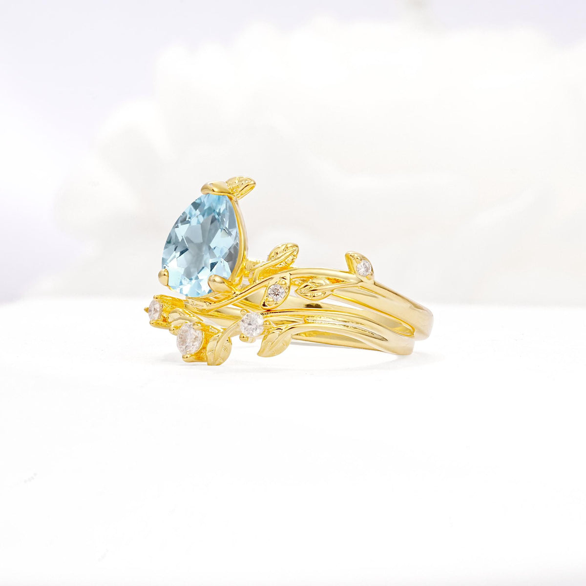 Nature-Inspired Pear Cut Aquamarine Engagement Ring Set with Twisted Vine Accents - White-Gold