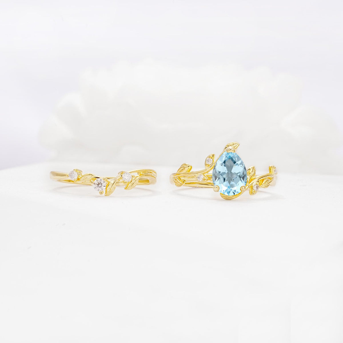 Nature-Inspired Pear Cut Aquamarine Engagement Ring Set with Twisted Vine Accents - Additional view