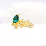 Nature-Inspired Pear Cut Emerald Engagement Ring Set with Twisted Vine Accents - White-Gold