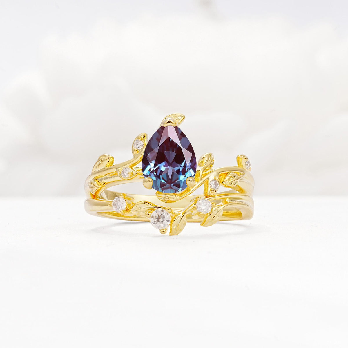 Nature-Inspired Pear Cut Alexandrite Engagement Ring Set with Twisted Vine Accents - Yellow-Gold