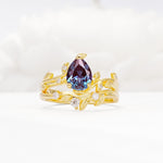 Nature-Inspired Pear Cut Alexandrite Engagement Ring Set with Twisted Vine Accents - Yellow-Gold