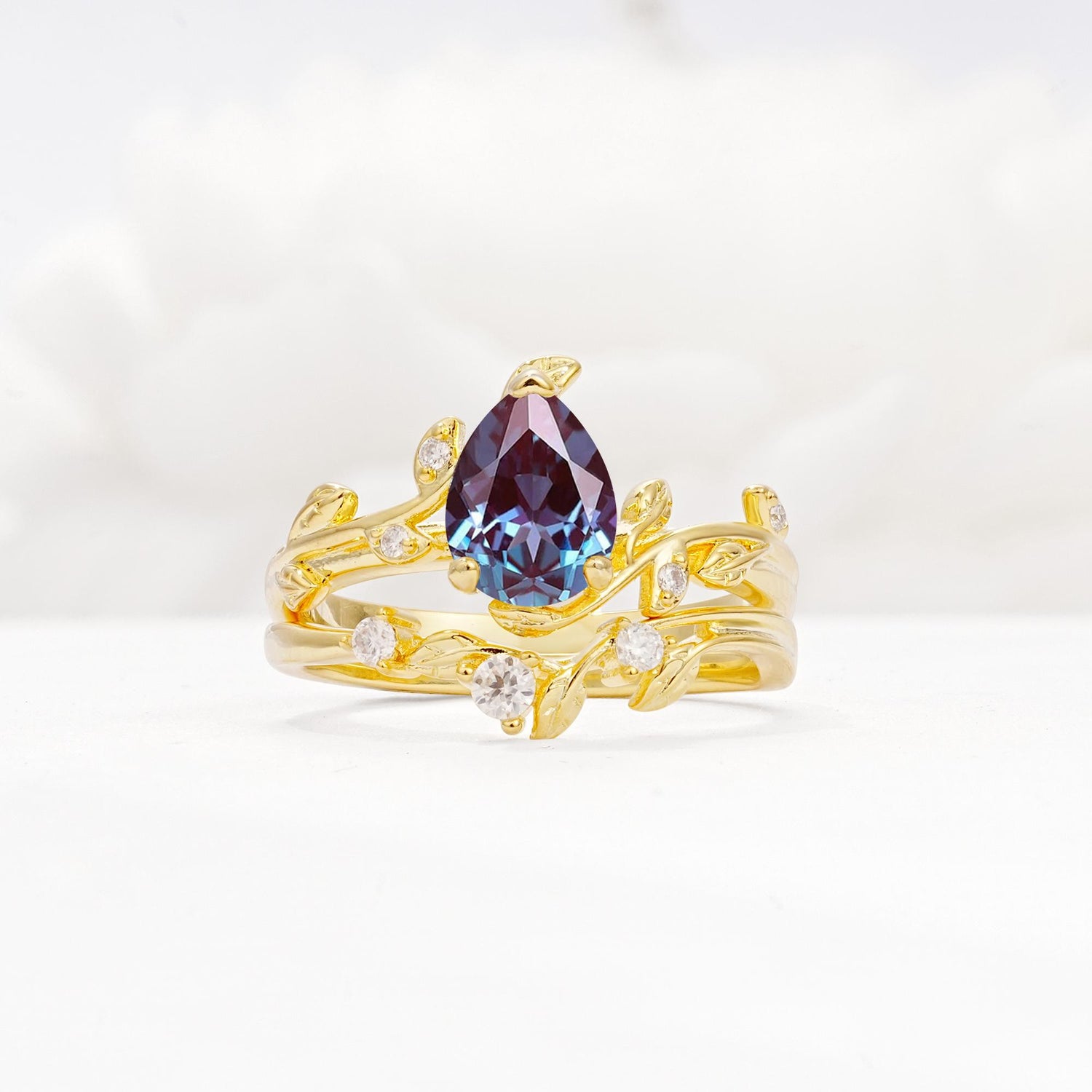 Nature-Inspired Pear Cut Alexandrite Engagement Ring Set with Twisted Vine Accents - Yellow-Gold