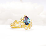Nature-Inspired Pear Cut Alexandrite Engagement Ring Set with Twisted Vine Accents - Rose-Gold