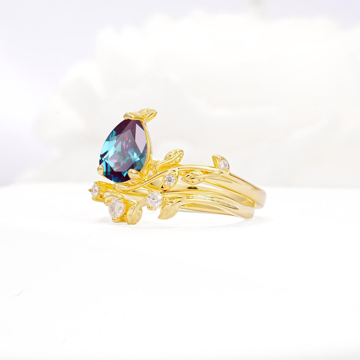 Nature-Inspired Pear Cut Alexandrite Engagement Ring Set with Twisted Vine Accents - White-Gold