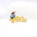 Nature-Inspired Pear Cut Alexandrite Engagement Ring Set with Twisted Vine Accents - White-Gold