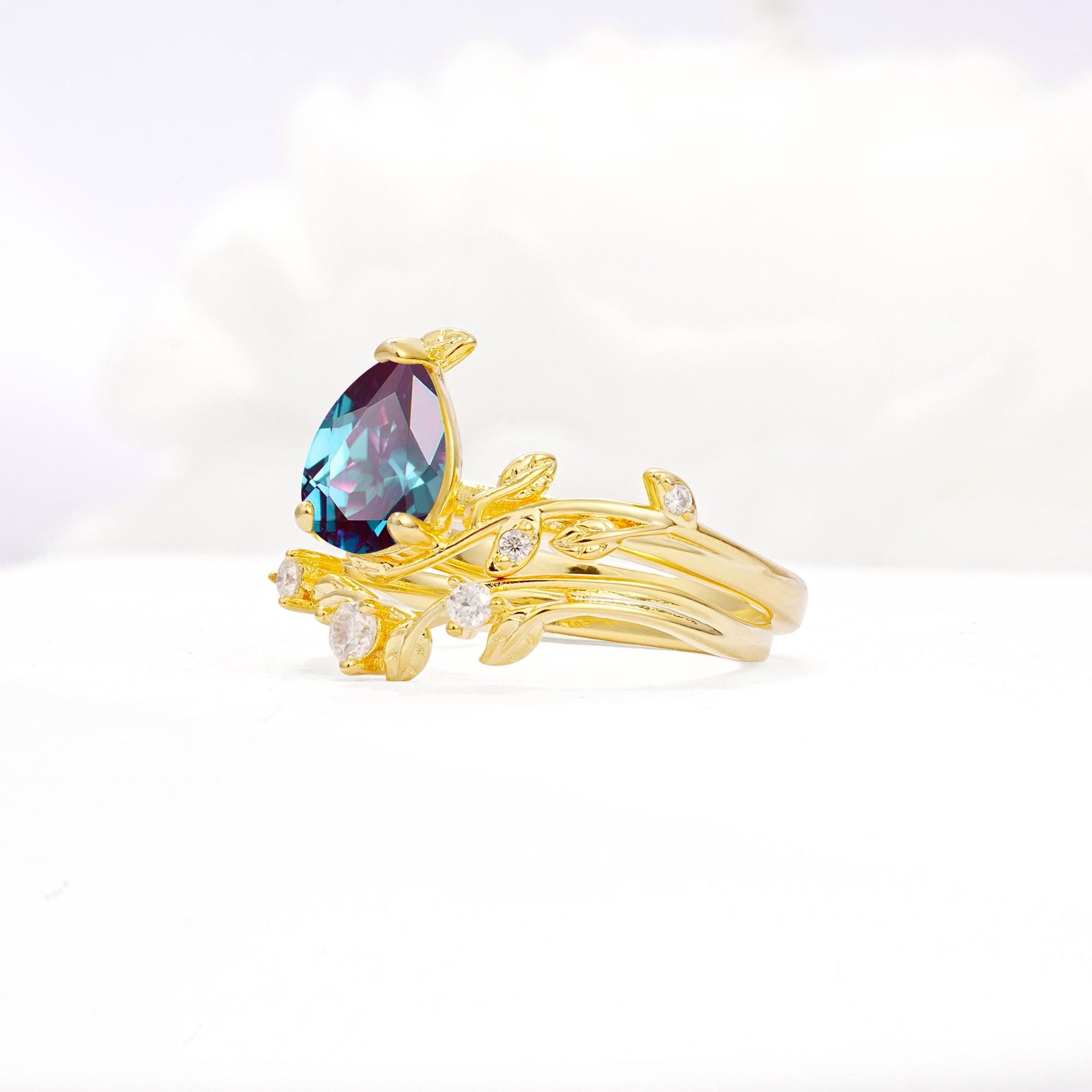 Nature-Inspired Pear Cut Alexandrite Engagement Ring Set with Twisted Vine Accents - White-Gold