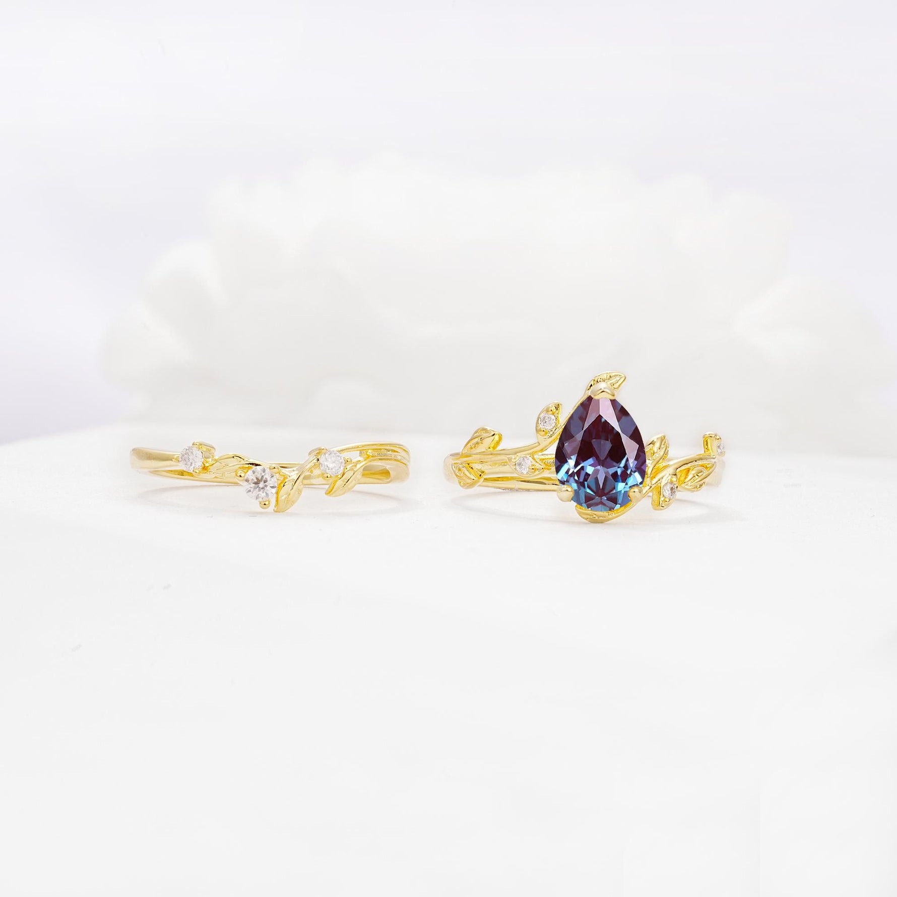 Nature-Inspired Pear Cut Alexandrite Engagement Ring Set with Twisted Vine Accents - Additional view