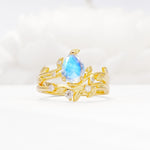 Nature-Inspired Pear Cut Moonstone Engagement Ring Set with Twisted Vine Accents - Yellow-Gold