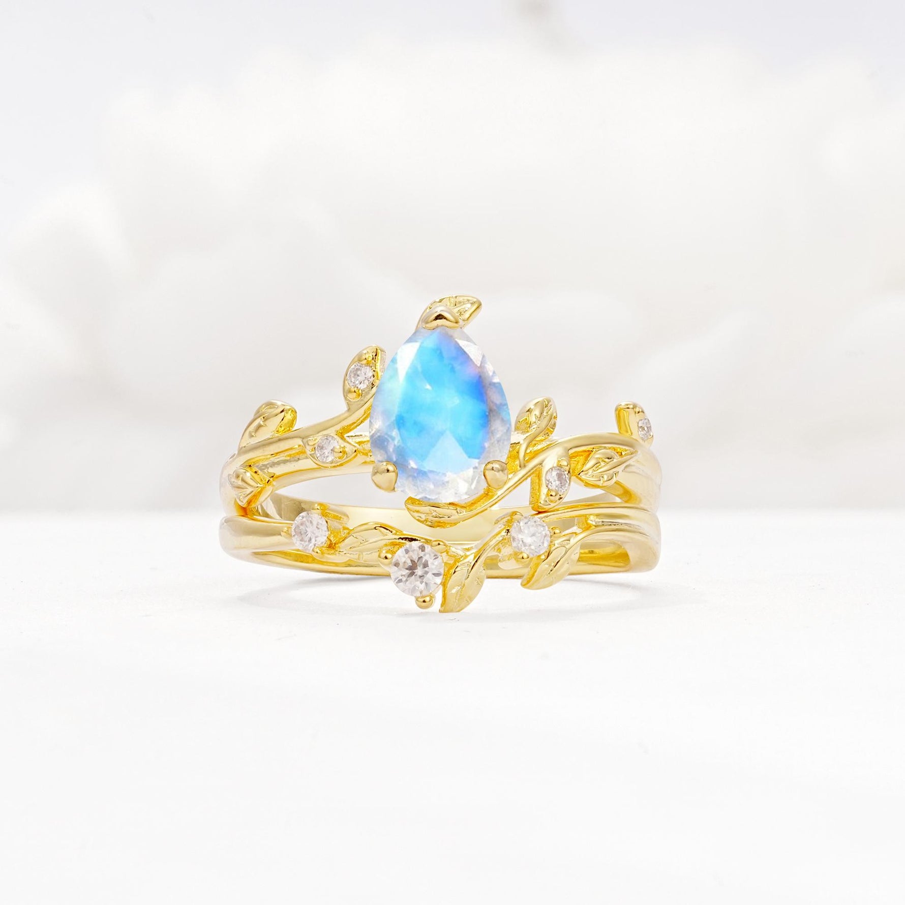 Nature-Inspired Pear Cut Moonstone Engagement Ring Set with Twisted Vine Accents - Yellow-Gold