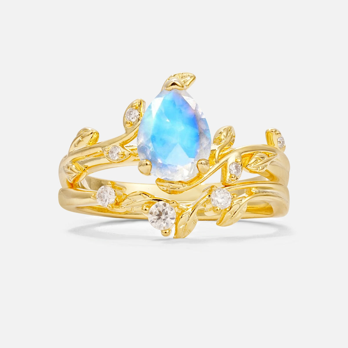 Nature-Inspired Pear Cut Moonstone Engagement Ring Set with Twisted Vine Accents
